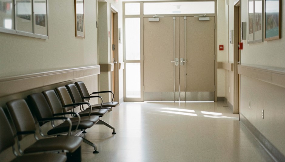 A hospital corridor with a row of empty seats along one wall and a set of plain closed double doors at the end, soft daylight