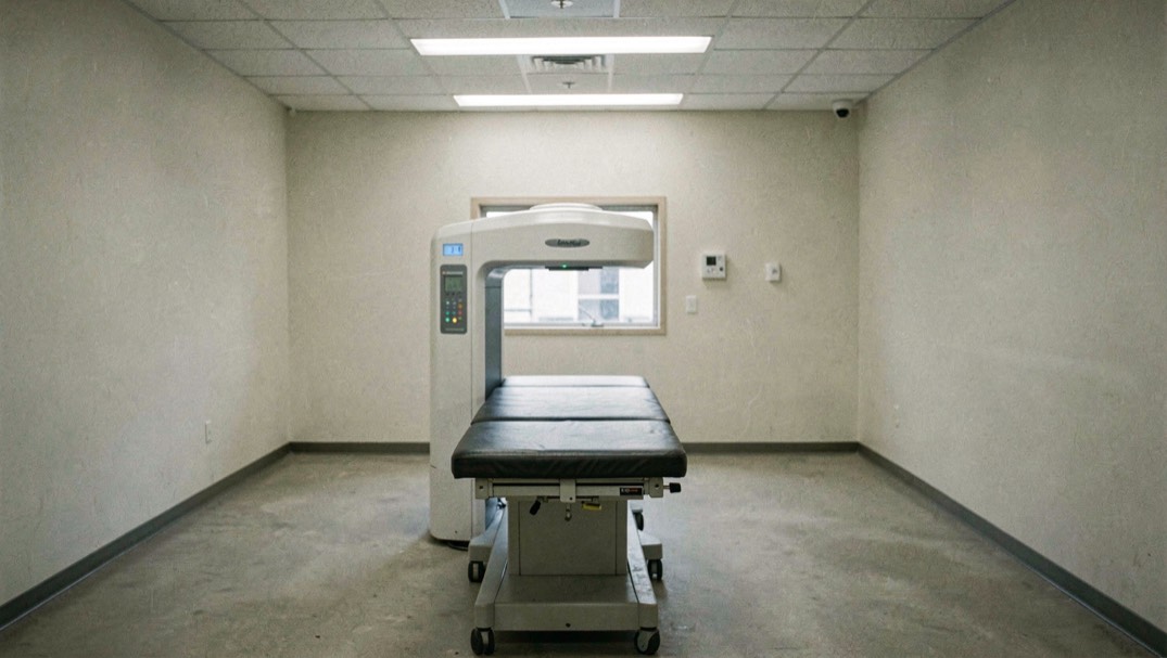 A small film camera on a tripod in an empty room lit by a single portable lamp